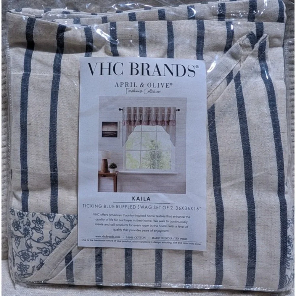 VHC‎ Brands Kaila Ticking Blue Ruffled Set of 2 Farmhouse Collection 36x36x16